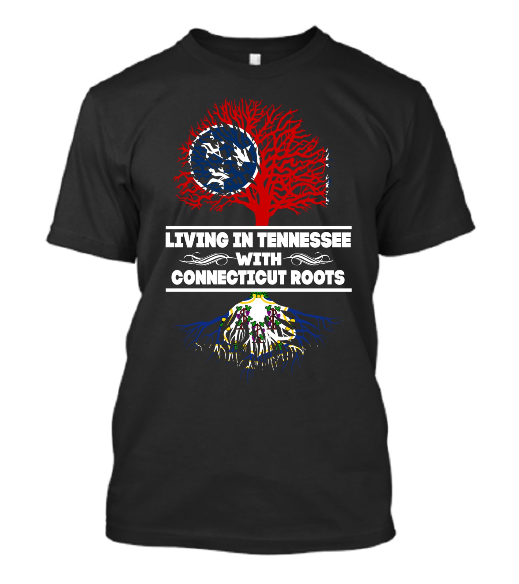 Tennessee Living Connecticut Roots Tree Design With State Flag Elements T-Shirt