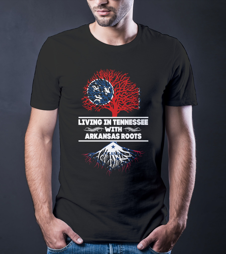 Tennessee Living With Arkansas Roots Red Tree Blue Roots Flag Motif T-Shirt