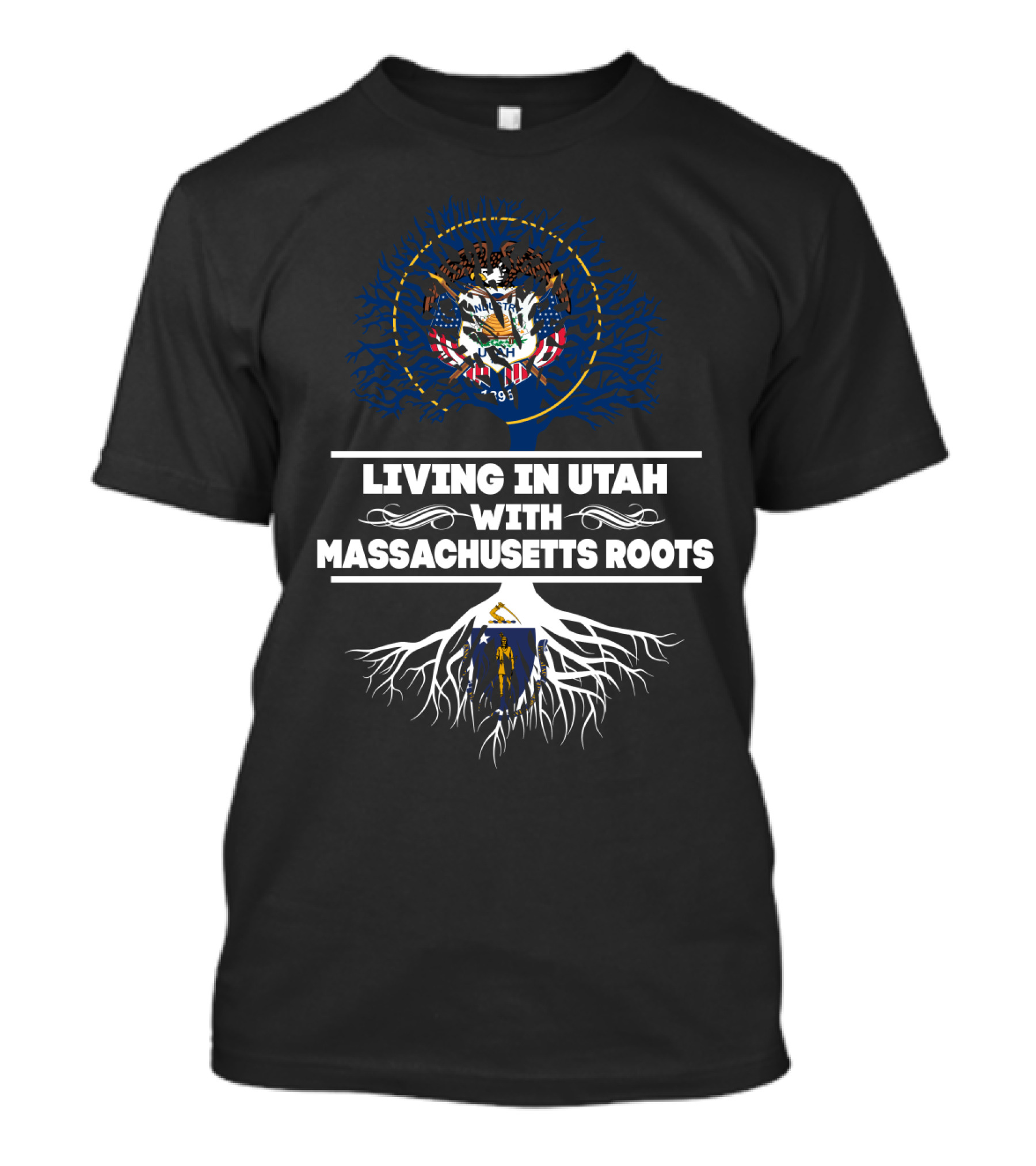 Utah Pride And Massachusetts Heritage: Embracing Dual State Identity With State Symbols And Roots T-Shirt