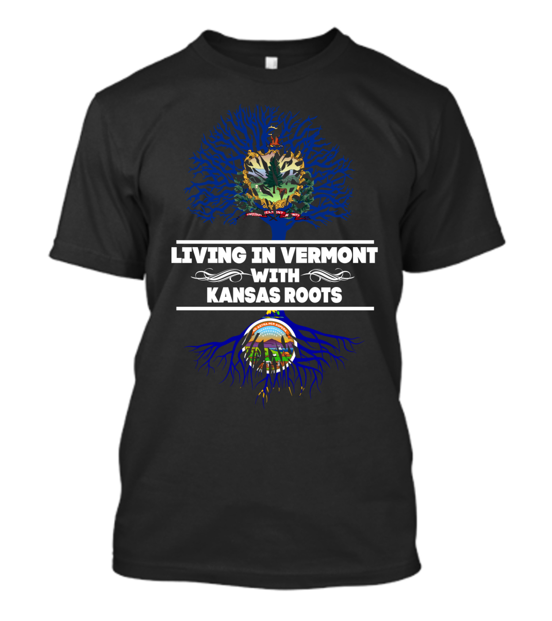 Living In Vermont With Kansas Roots Vermont And Kansas State Tree And Seal T-Shirt