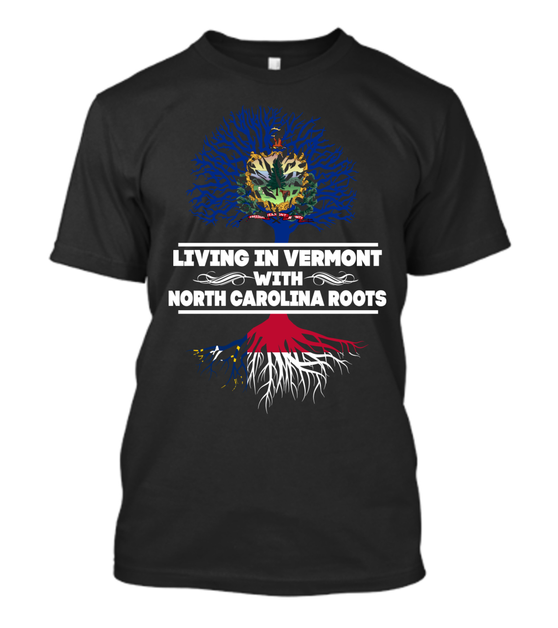 Living In Vermont With North Carolina Roots Symbolic Tree Design With State Emblems T-Shirt