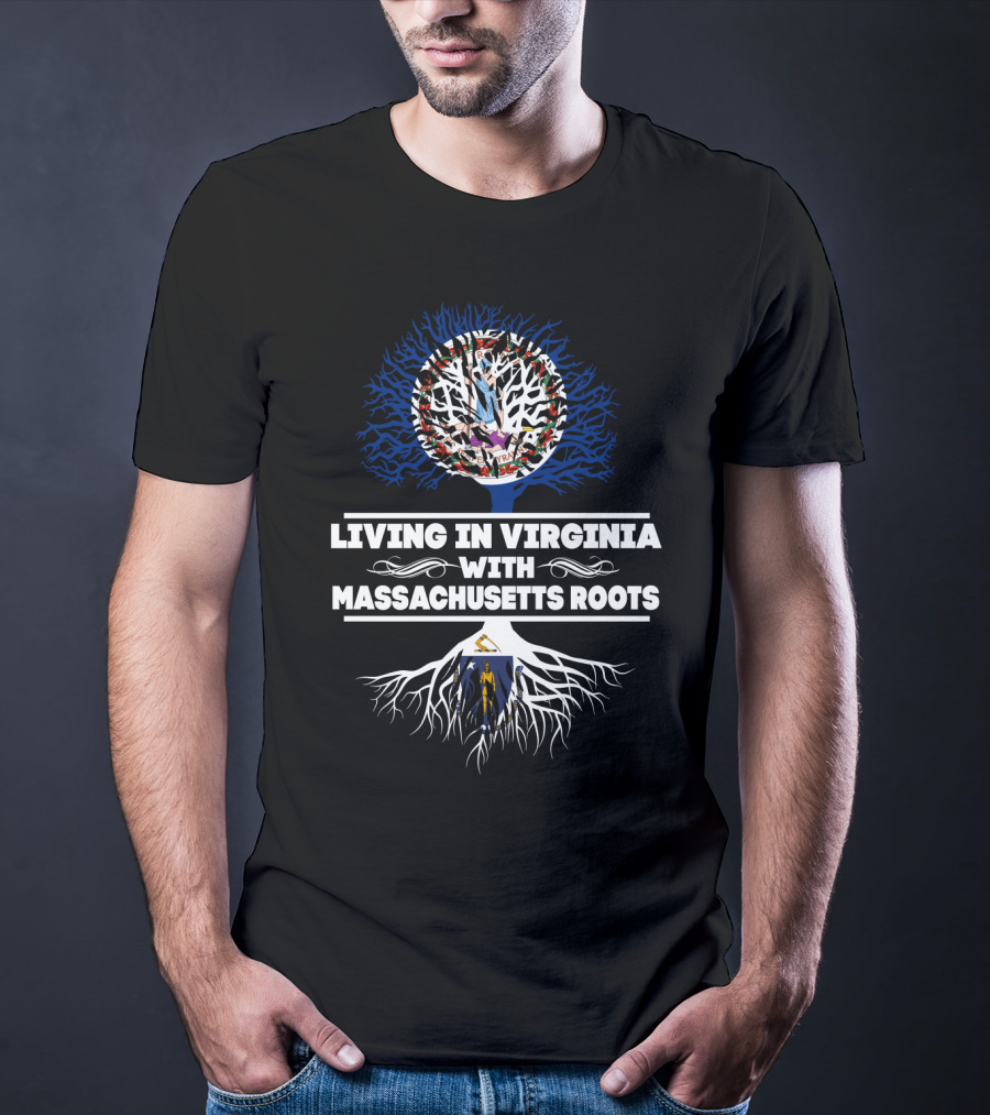 Living In Virginia With Massachusetts Roots American Flag And State Symbols Tree T-Shirt