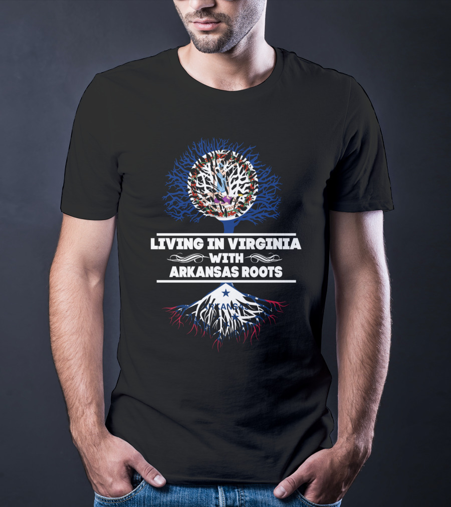 Living In Virginia With Arkansas Roots Tree Design Featuring Virginia Seal And Arkansas Flag Elements T-Shirt