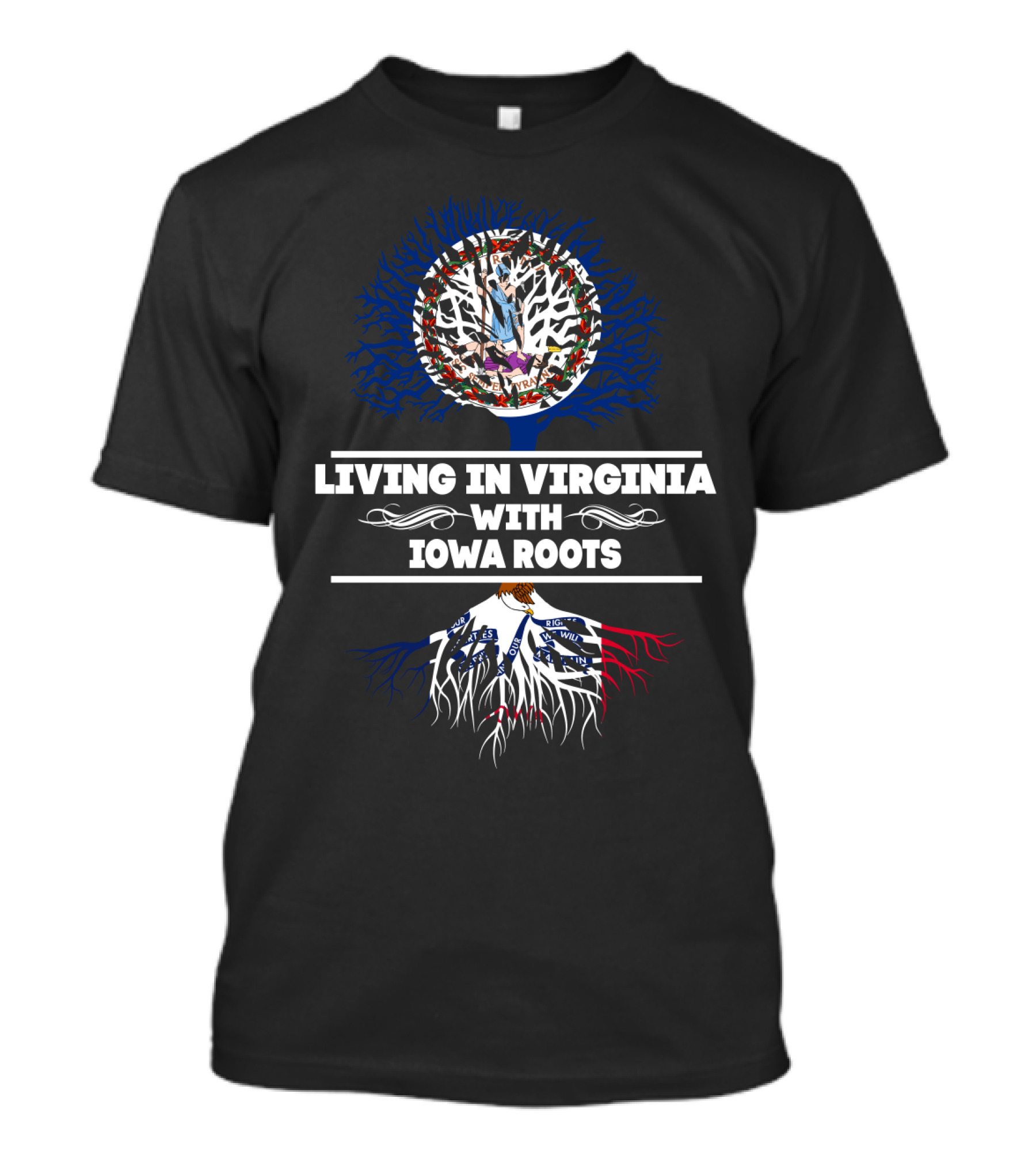 Virginia Life With Deep Iowa Roots Featuring Intertwined State-Themed Tree T-Shirt