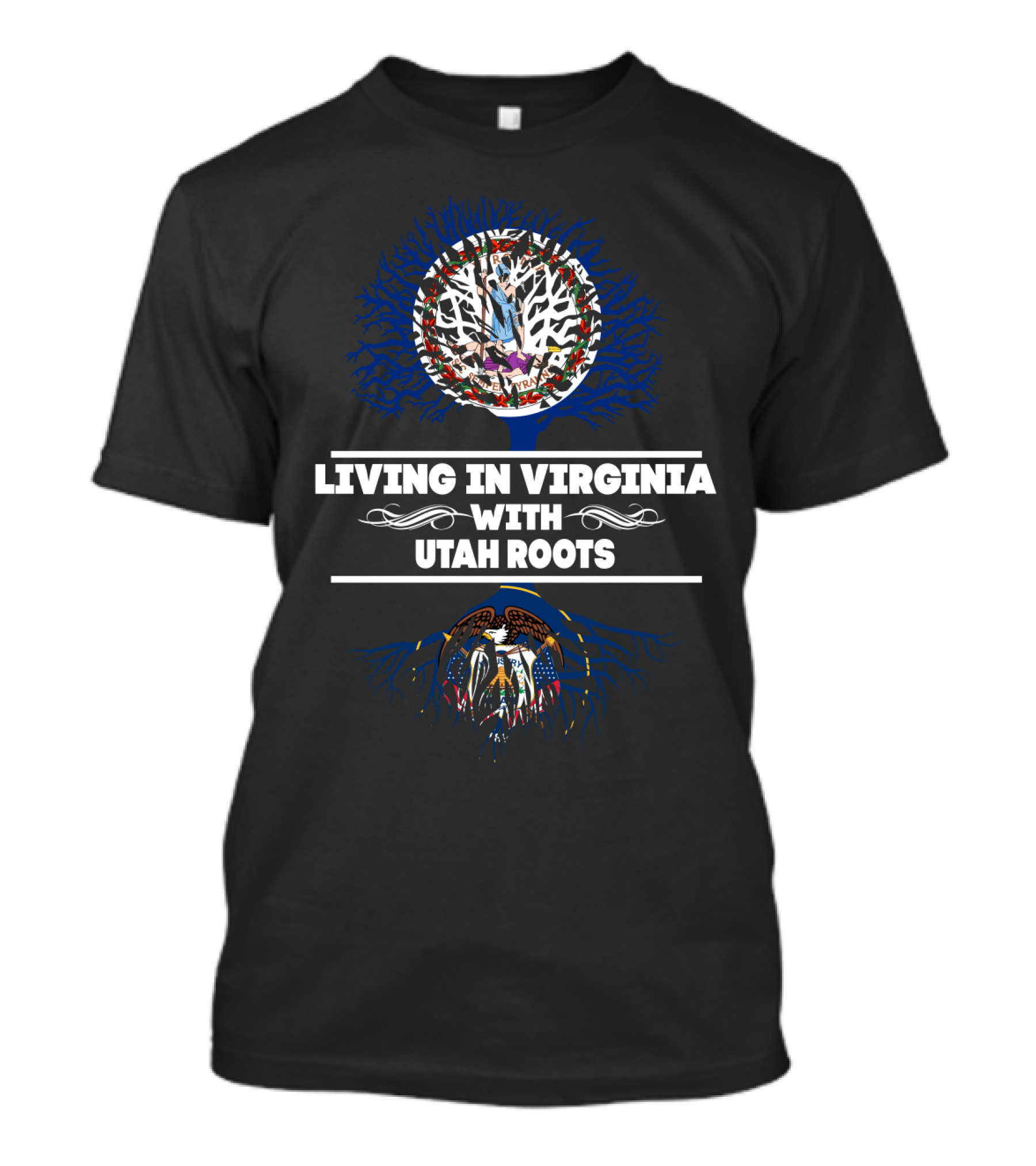 Living In Virginia With Utah Roots Tree Design Featuring State Symbols T-Shirt