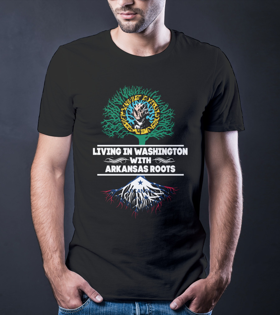 Living In Washington With Arkansas Roots Tree Design With Mount Rainier And Flag Elements T-Shirt