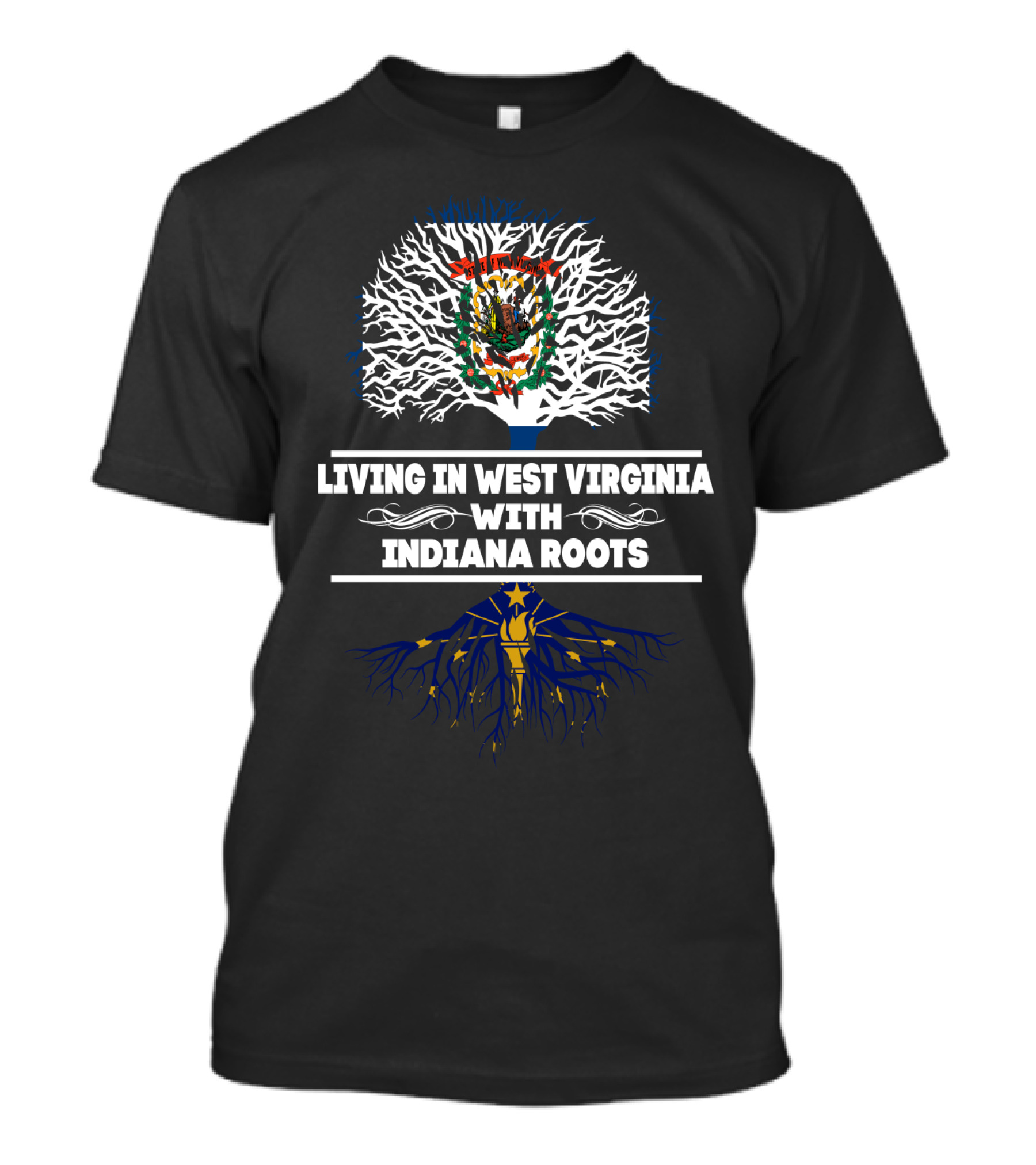 West Virginia Living Embracing Indiana Roots Tree Design With State Symbols T-Shirt