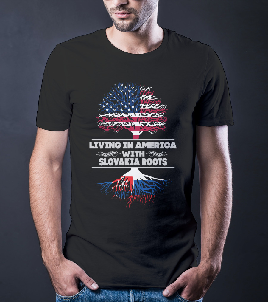 LIVING IN AMERICA WITH SLOVAKIA ROOTS American Flag Tree T-Shirt