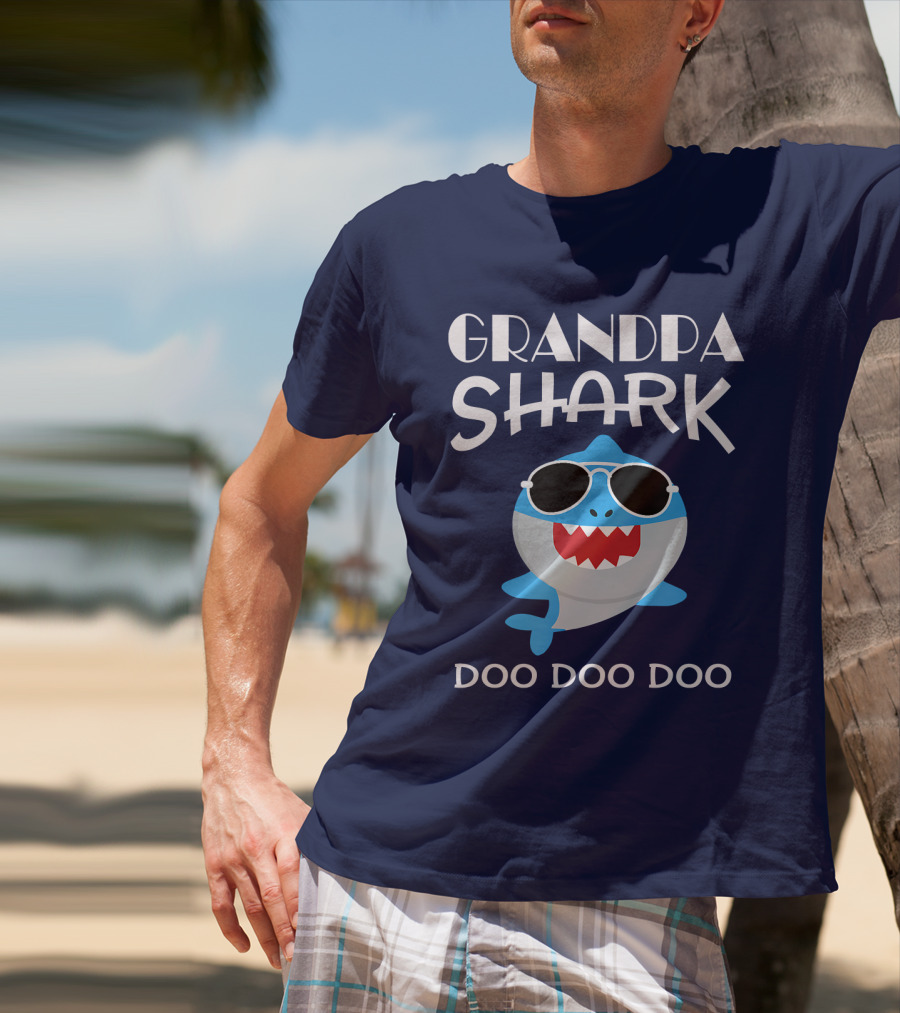 Grandpa Shark Doo Doo Doo Cool Sunglass-Wearing Blue Shark T-Shirt