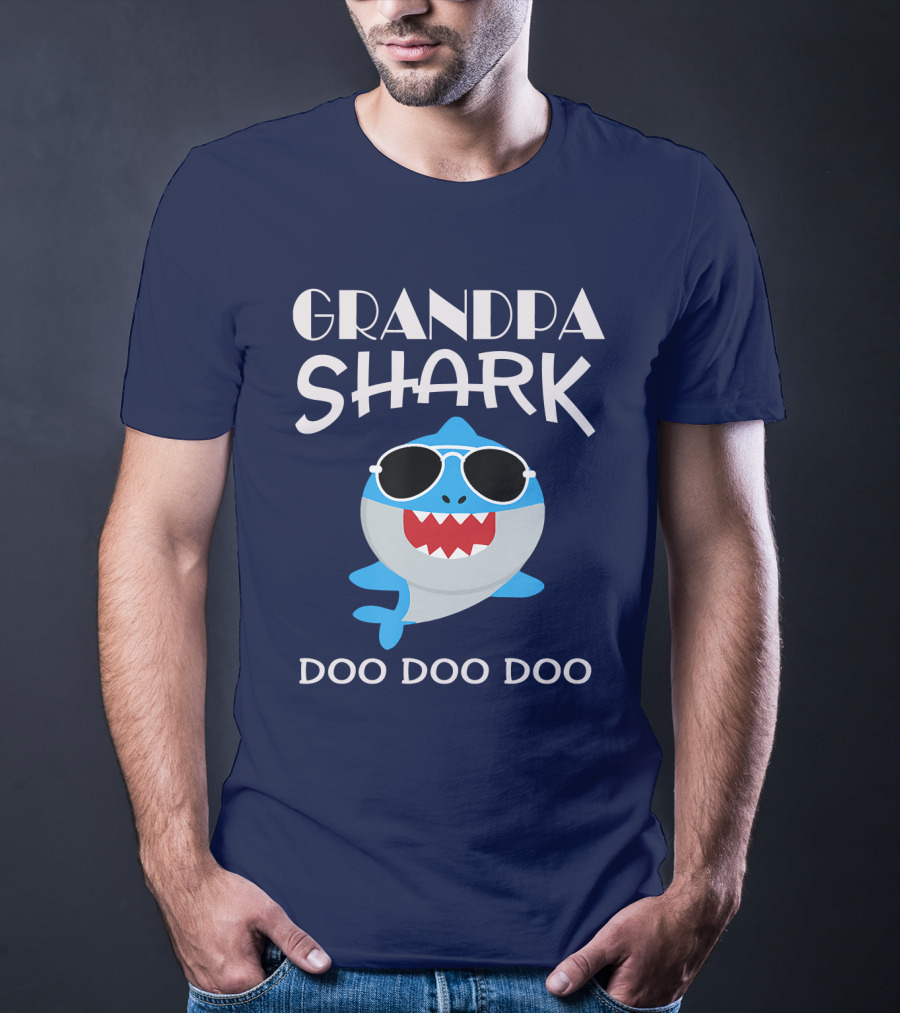 Grandpa Shark Doo Doo Doo Cool Sunglass-Wearing Blue Shark T-Shirt