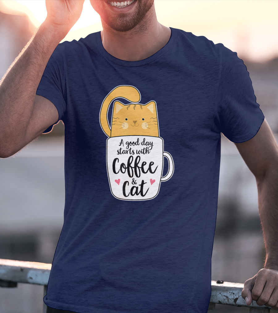 Funny Orange Cat A Good Day Starts With Coffee And Cat T-Shirt