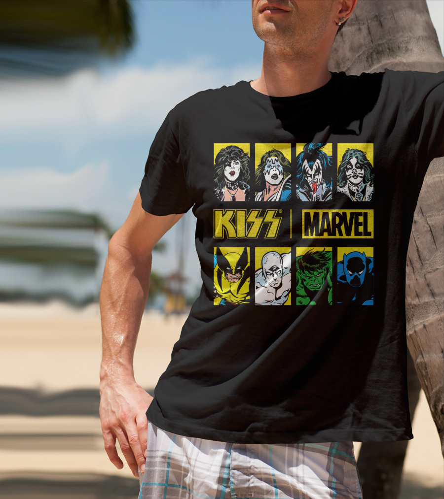 KISS Marvel Wolverine Hulk Black Panther Hero Portrait Boxes T-Shirt