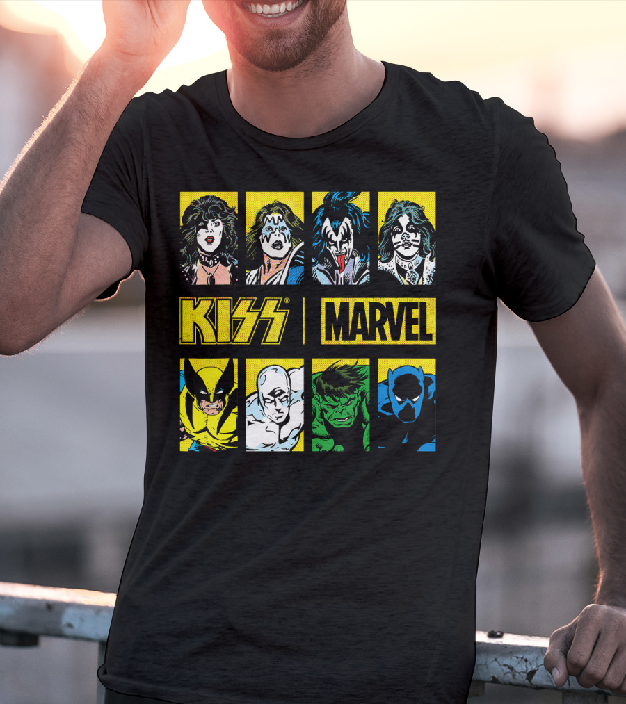 KISS Marvel Wolverine Hulk Black Panther Hero Portrait Boxes T-Shirt