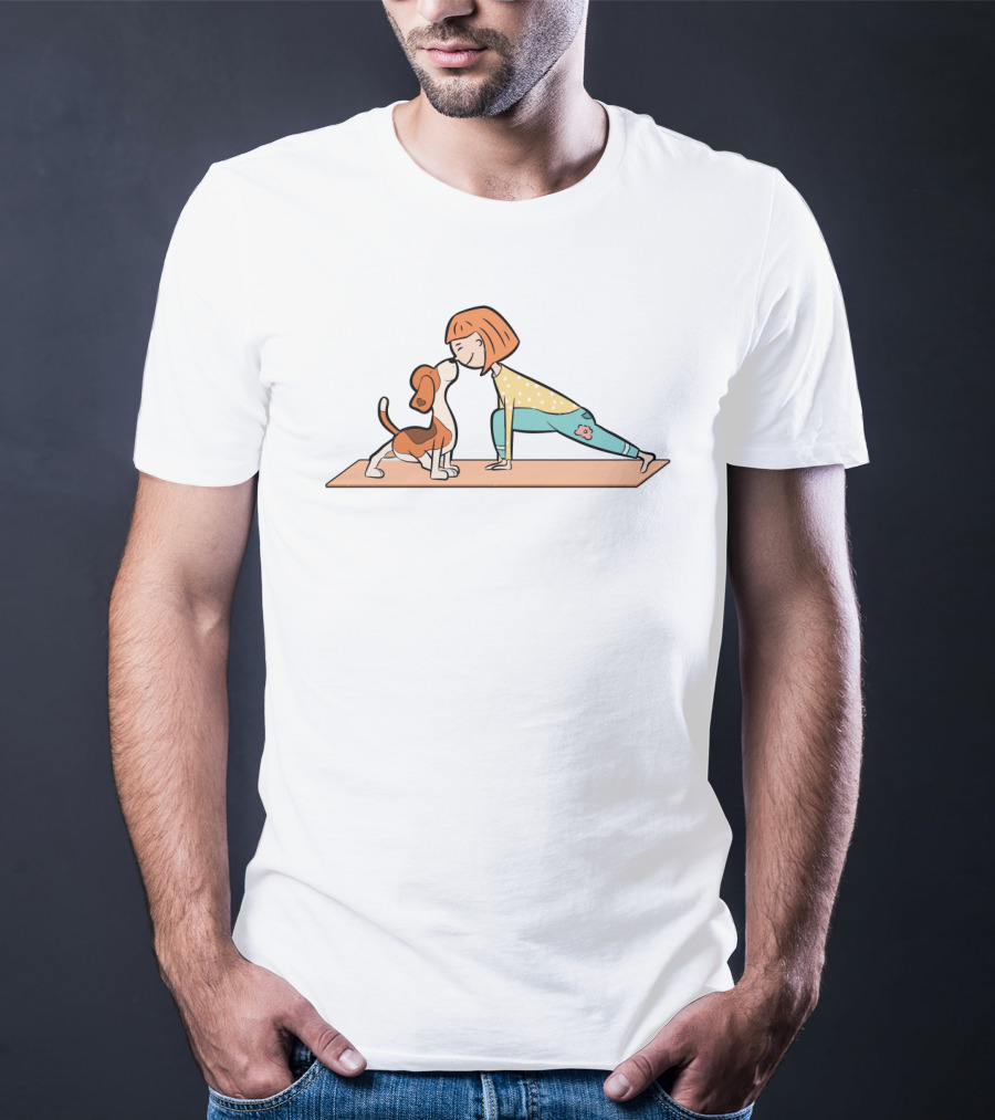 Cartoon Beagle And Girl Performing Yoga Pose On Mat T-Shirt