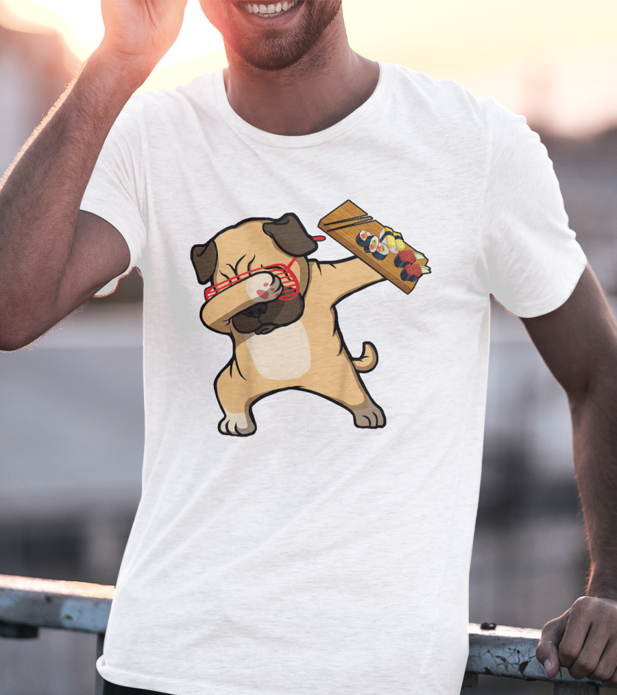 Dabbing Pug With Sushi Plate And Chopstick Glasses T-Shirt