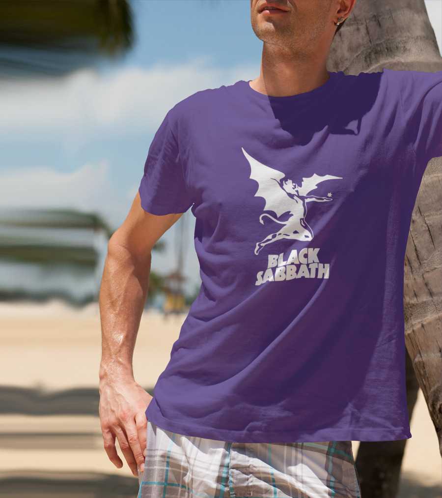 Black Sabbath Flying Devil Logo Purple Background T-Shirt