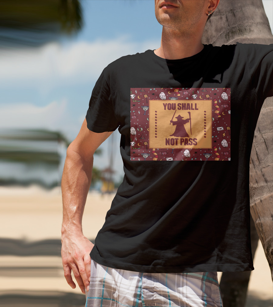 You Shall Not Pass Wizard With Wand And Staff Icon With Mystical Pattern Background T-Shirt