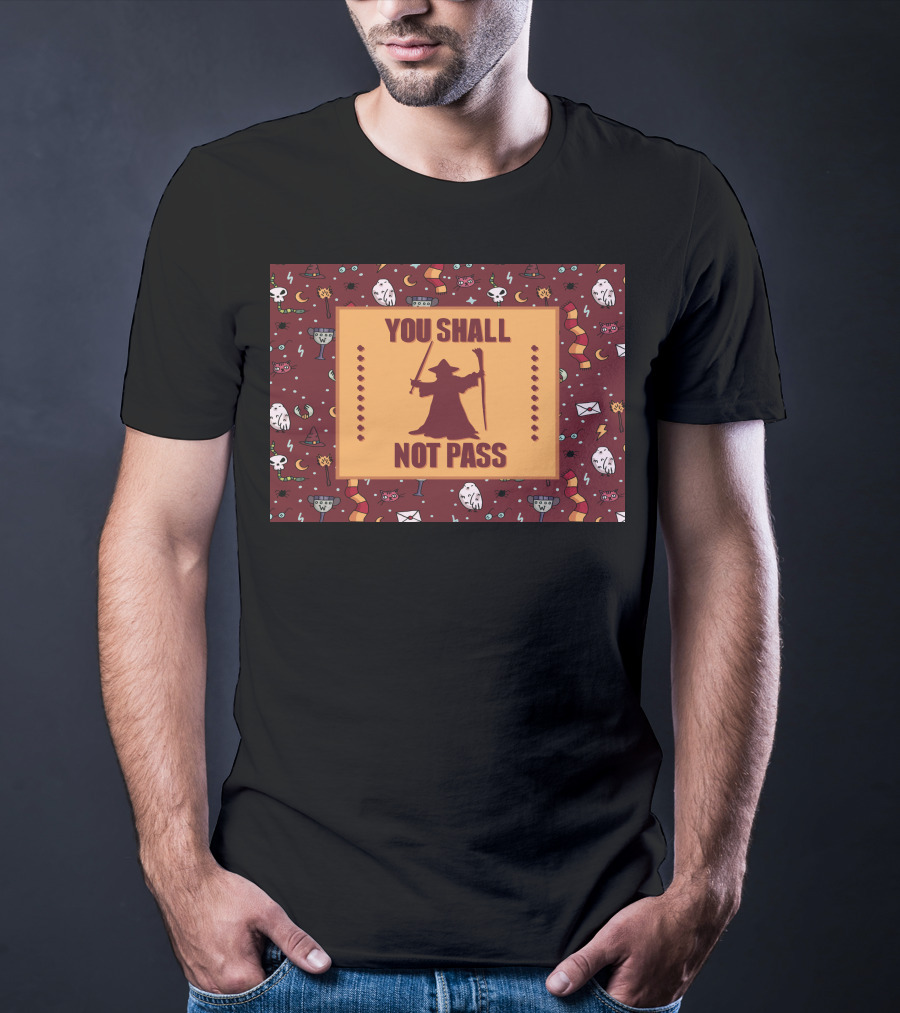 You Shall Not Pass Wizard With Wand And Staff Icon With Mystical Pattern Background T-Shirt