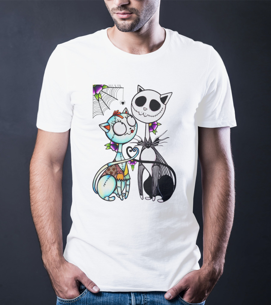 Cat Version Of Jack Skellington And Sally With Spider Web And Flowers T-Shirt