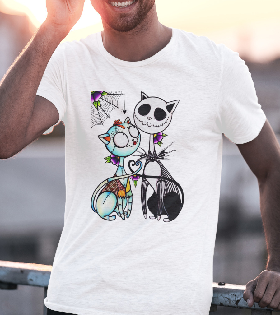 Cat Version Of Jack Skellington And Sally With Spider Web And Flowers T-Shirt