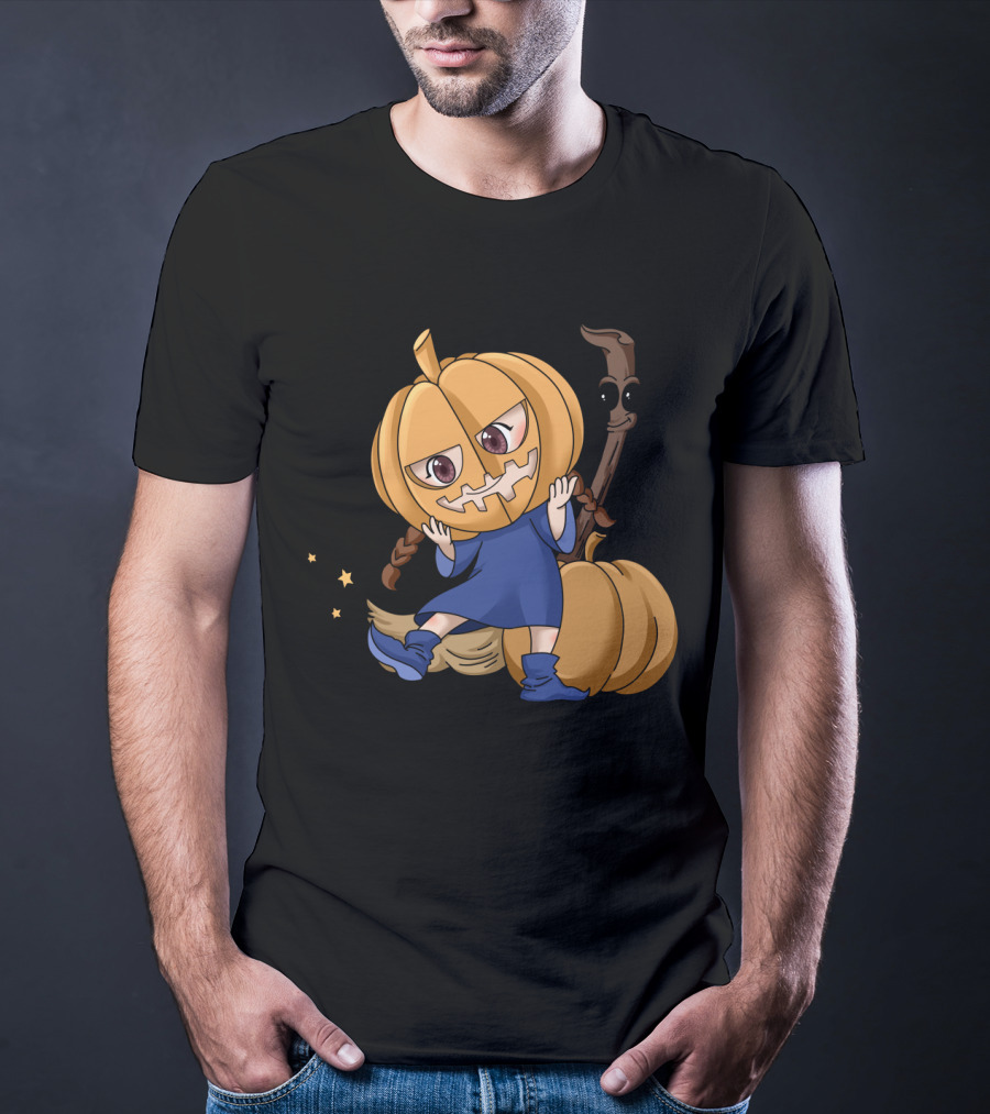 Halloween Cartoon Witch Girl With Pumpkin Head And Broomstick In Blue Dress T-Shirt