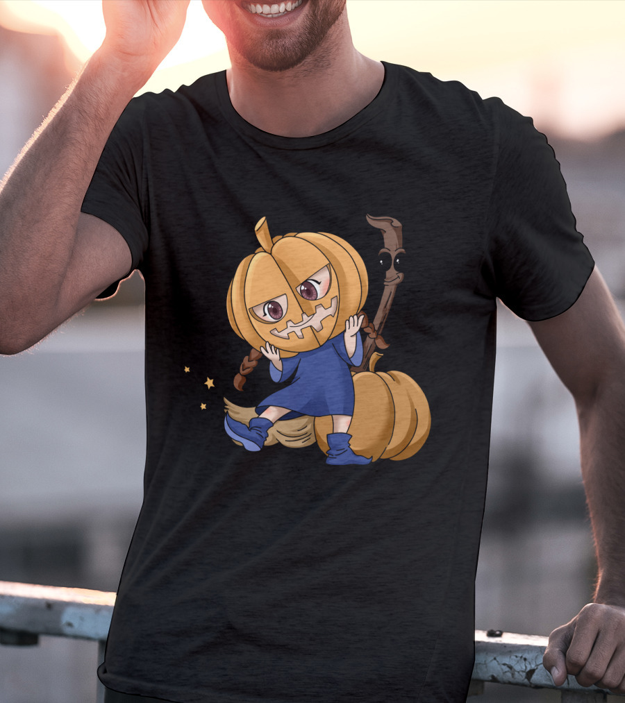 Halloween Cartoon Witch Girl With Pumpkin Head And Broomstick In Blue Dress T-Shirt