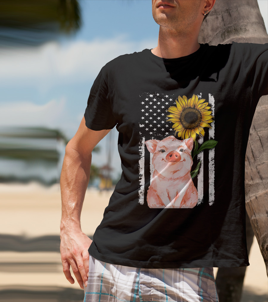 American Flag Sunflower Pig Vintage T-Shirt
