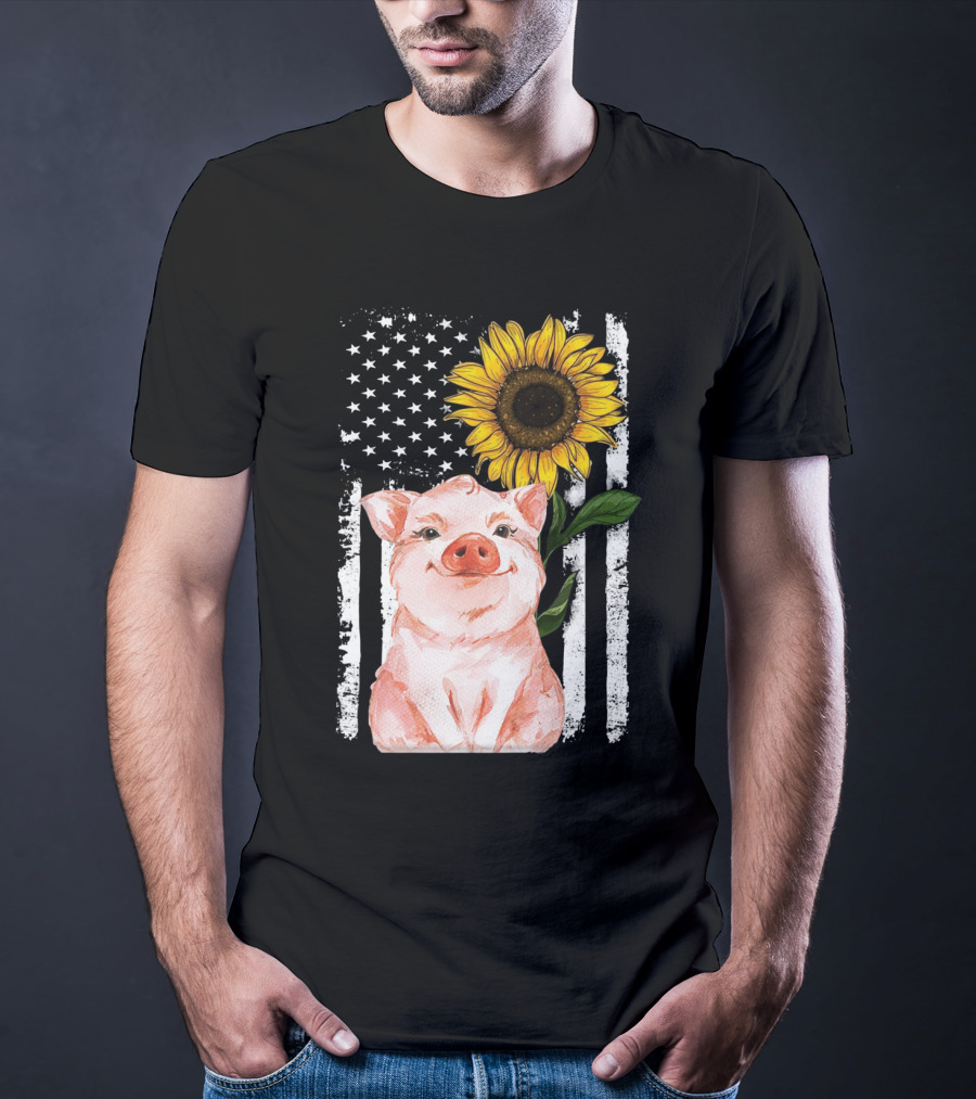 American Flag Sunflower Pig Vintage T-Shirt