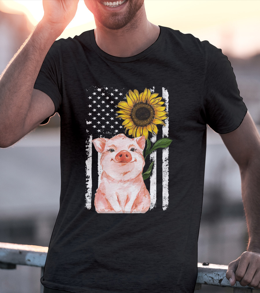 American Flag Sunflower Pig Vintage T-Shirt