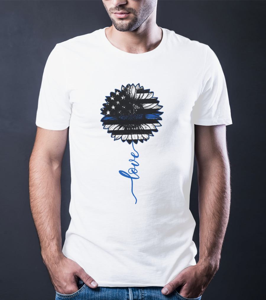 American Flag Sunflower Thin Blue Line Love T-Shirt