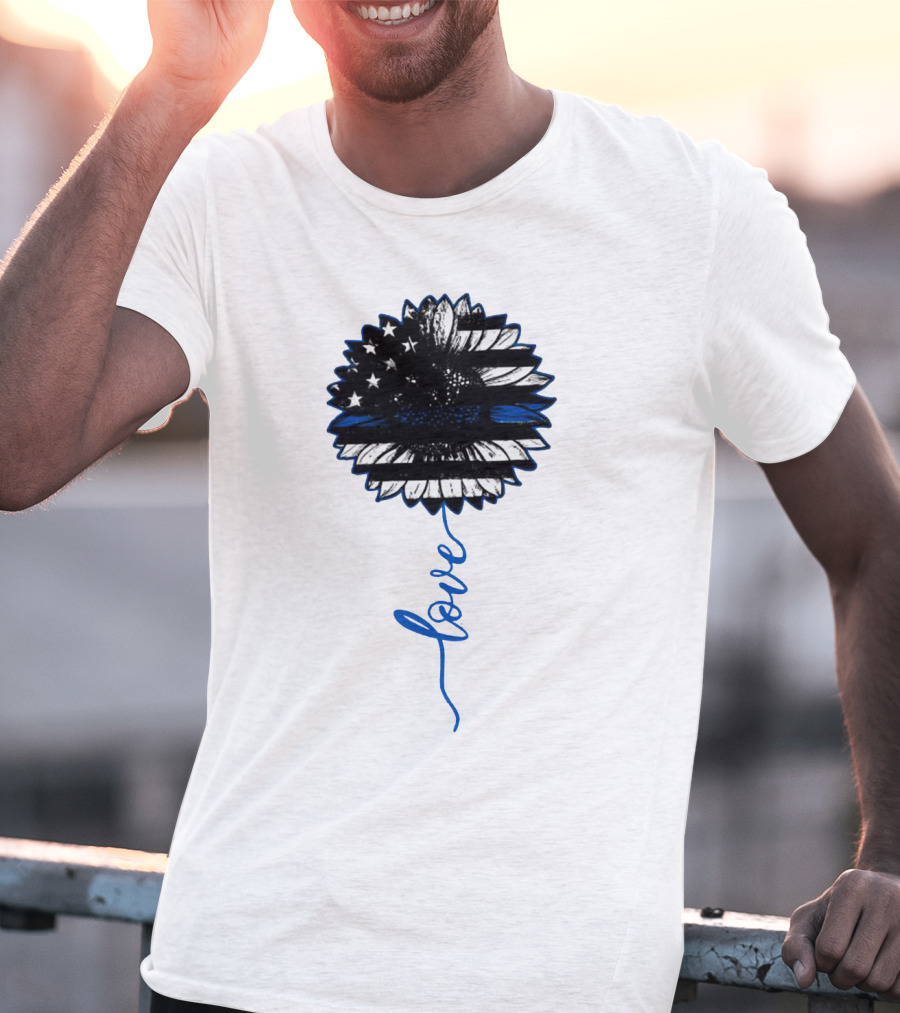 American Flag Sunflower Thin Blue Line Love T-Shirt
