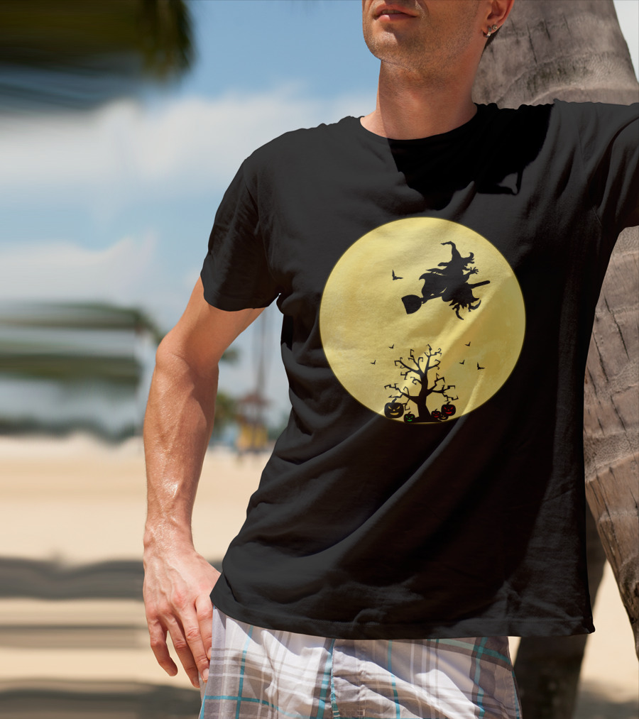 Halloween Witch Flying On Broomstick Over Full Moon With Jack-O'-Lanterns T-Shirt
