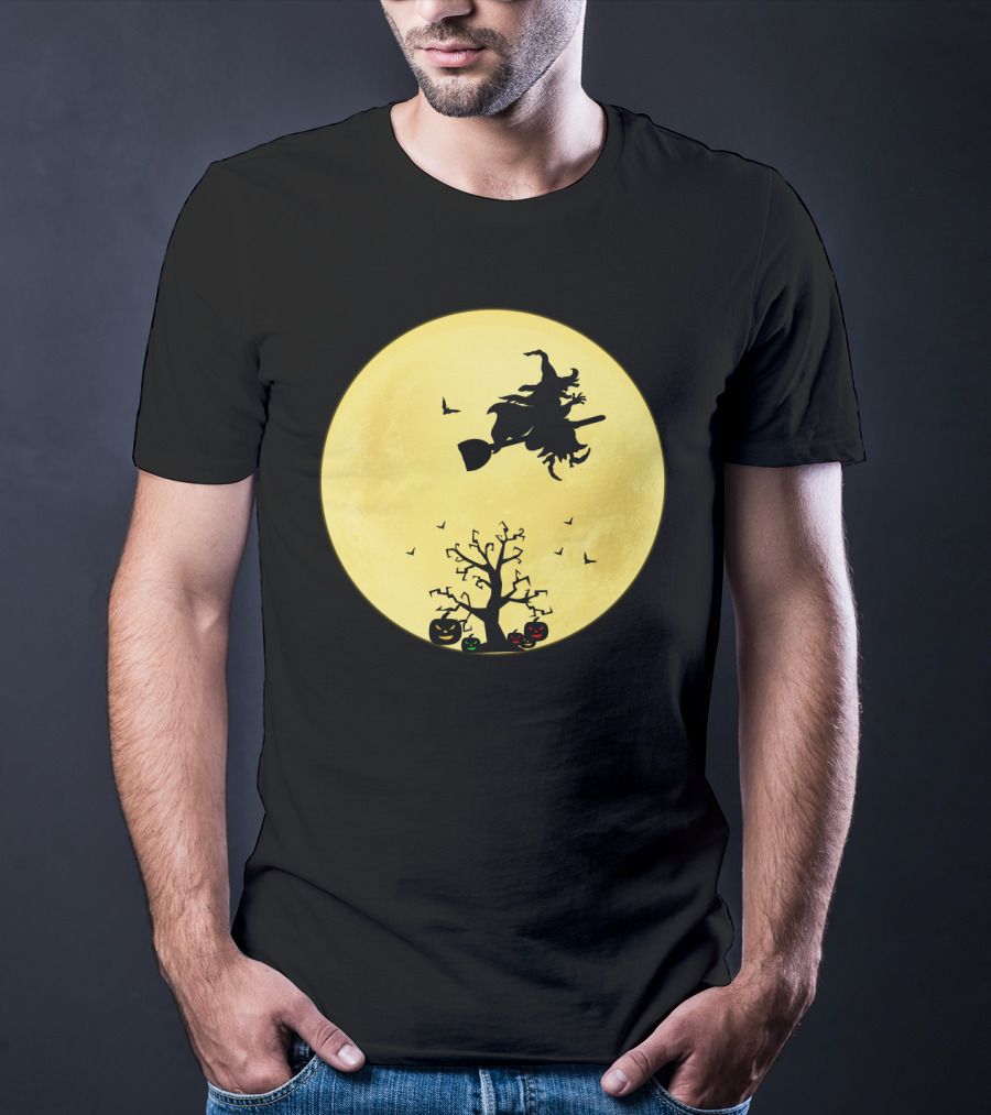 Halloween Witch Flying On Broomstick Over Full Moon With Jack-O'-Lanterns T-Shirt