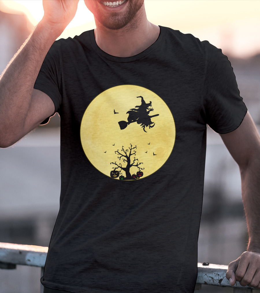 Halloween Witch Flying On Broomstick Over Full Moon With Jack-O'-Lanterns T-Shirt