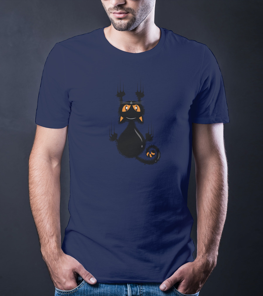 Cartoon Cute Halloween Black Cat With Orange Eyes And Scratching Claws T-Shirt