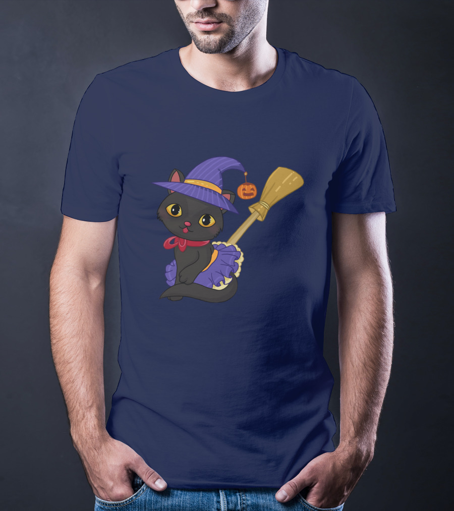 Halloween Black Cat In Witch Hat With Broom And Pumpkin Charm T-Shirt