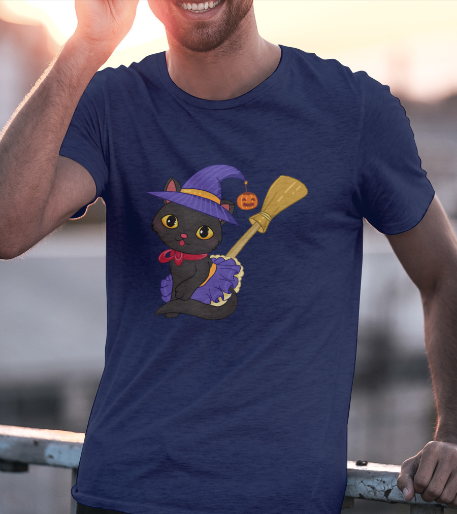 Halloween Black Cat In Witch Hat With Broom And Pumpkin Charm T-Shirt