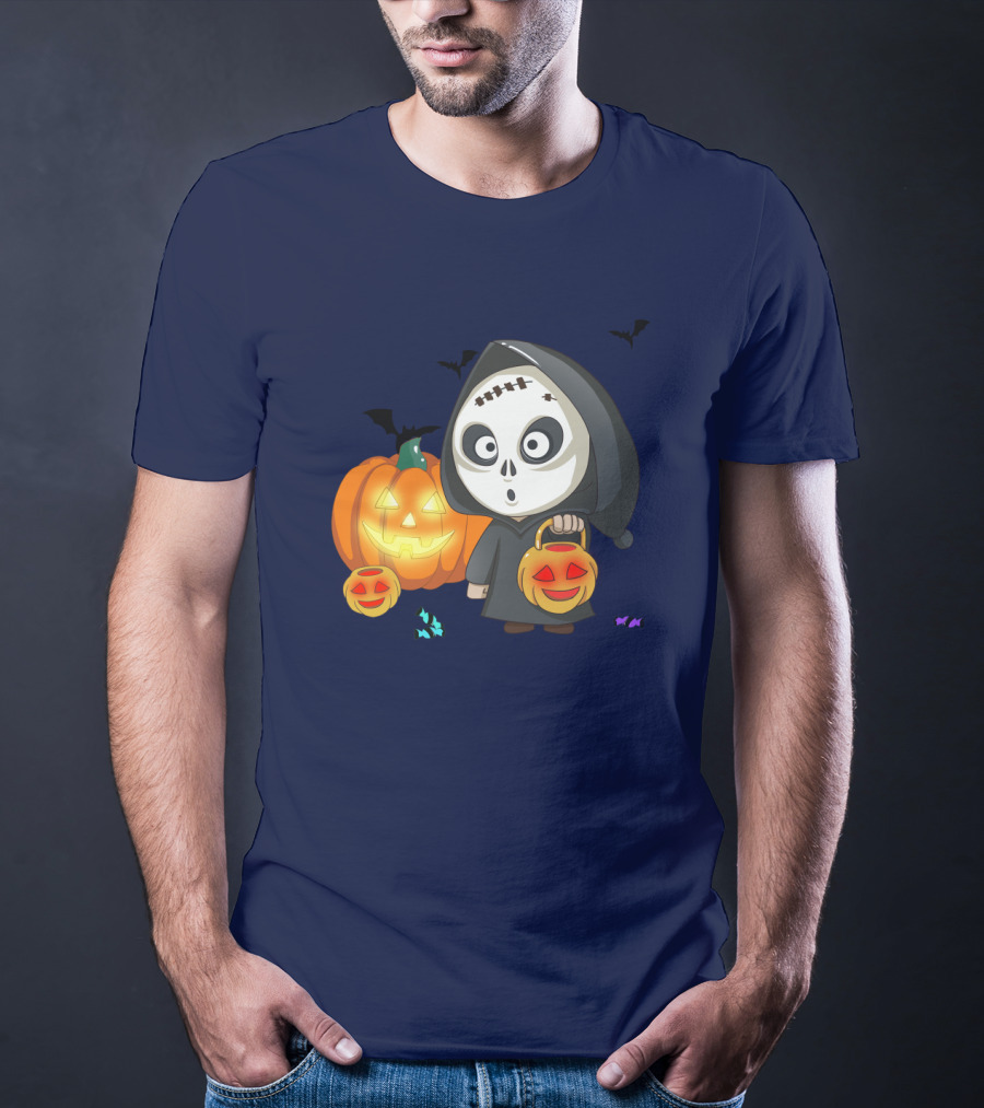 Halloween Makeup Ghost With Pumpkin Lanterns And Bats T-Shirt