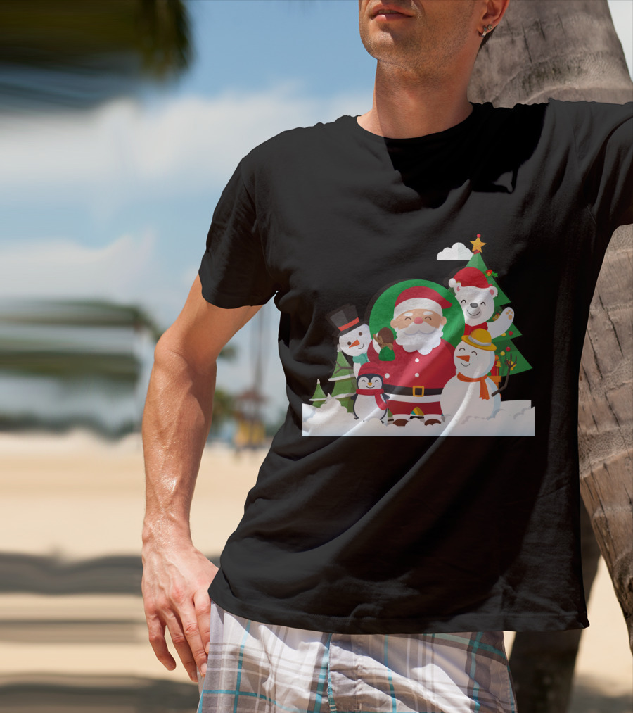 Christmas With Santa Claus Snowman Penguin Polar Bear Festive Scene T-Shirt
