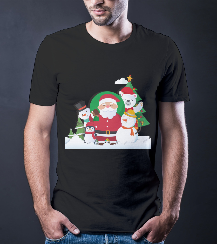 Christmas With Santa Claus Snowman Penguin Polar Bear Festive Scene T-Shirt