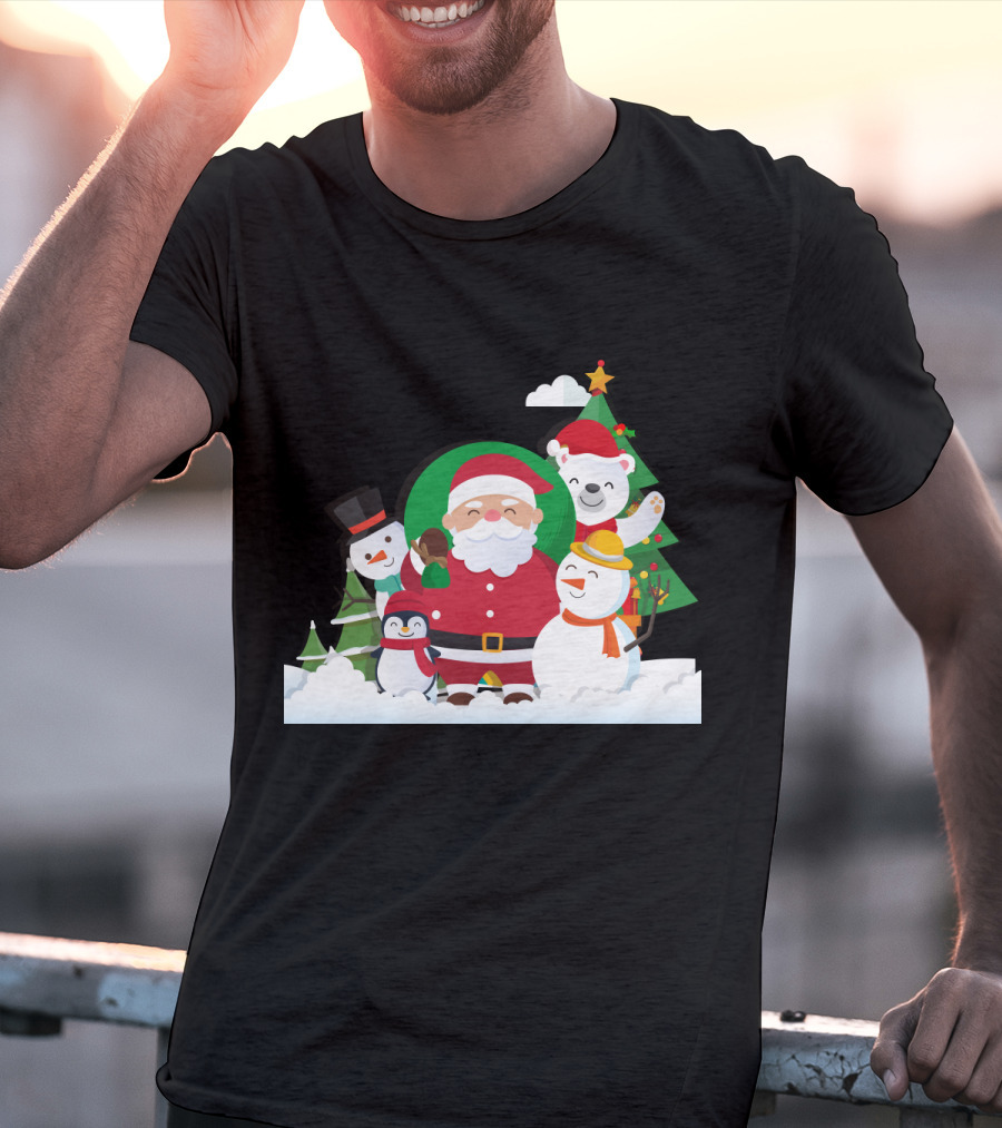Christmas With Santa Claus Snowman Penguin Polar Bear Festive Scene T-Shirt