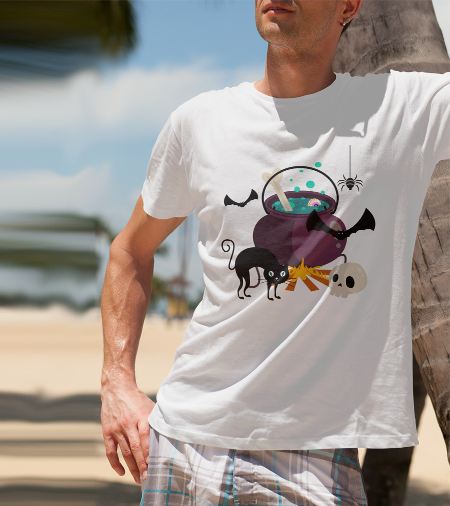 Halloween Black Cat Bat Spider Skull And Magic Potion Cauldron T-Shirt