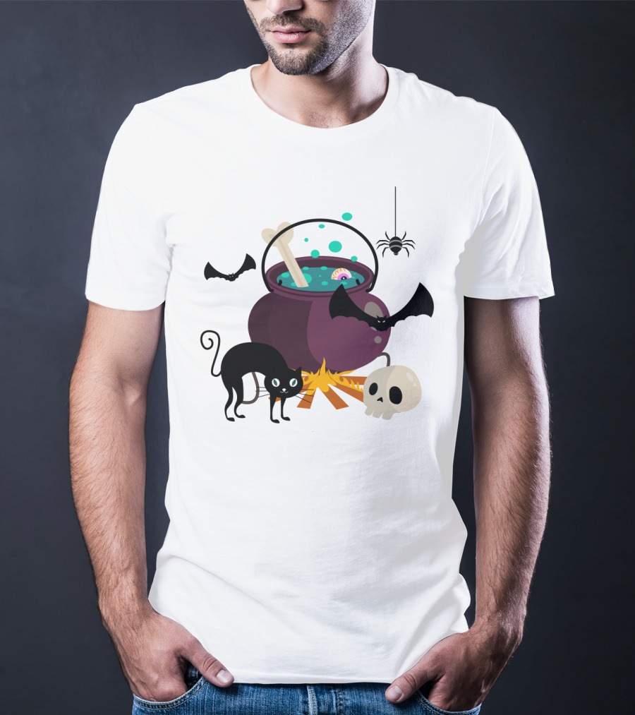 Halloween Black Cat Bat Spider Skull And Magic Potion Cauldron T-Shirt