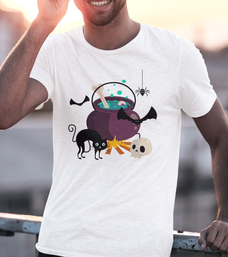 Halloween Black Cat Bat Spider Skull And Magic Potion Cauldron T-Shirt