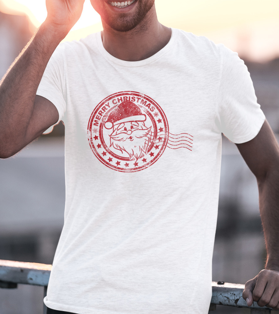 Merry Christmas Santa Claus Postmark Seal With Stars And Hat T-Shirt