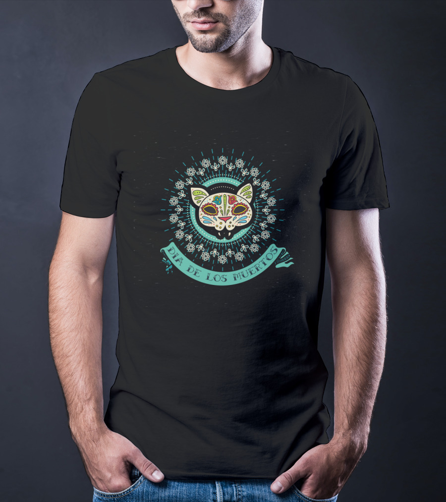 Dia De Los Muertos Sugar Skull Cat With Floral Decor In Teal And White T-Shirt