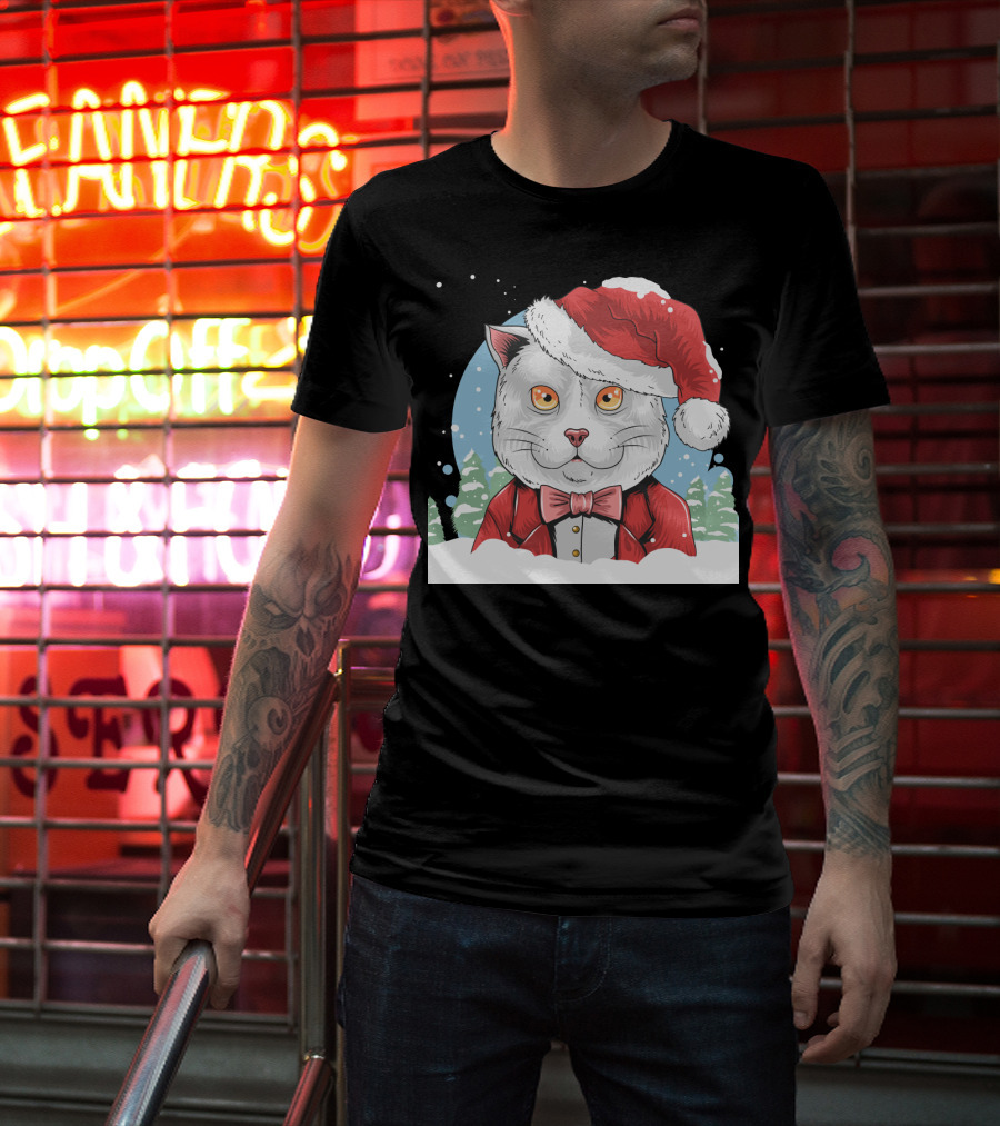 Santa Claus Cat In Winter Wonderland Christmas Scene T-Shirt