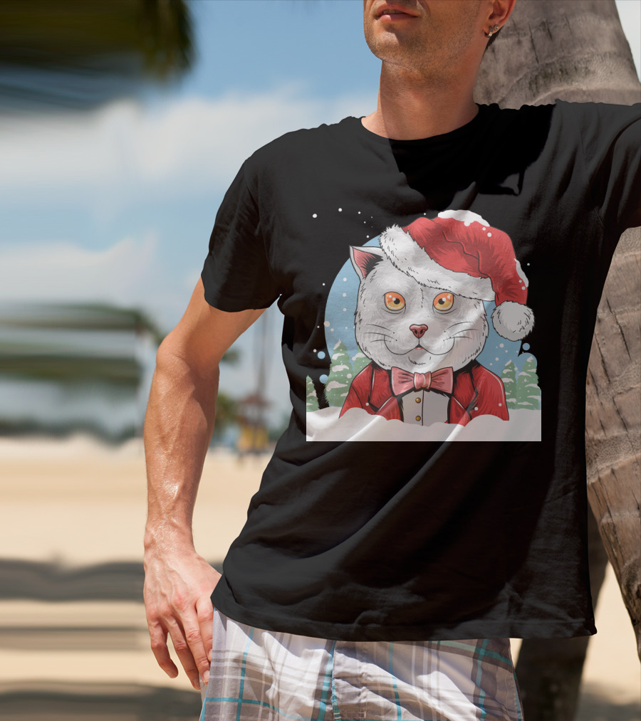 Santa Claus Cat In Winter Wonderland Christmas Scene T-Shirt