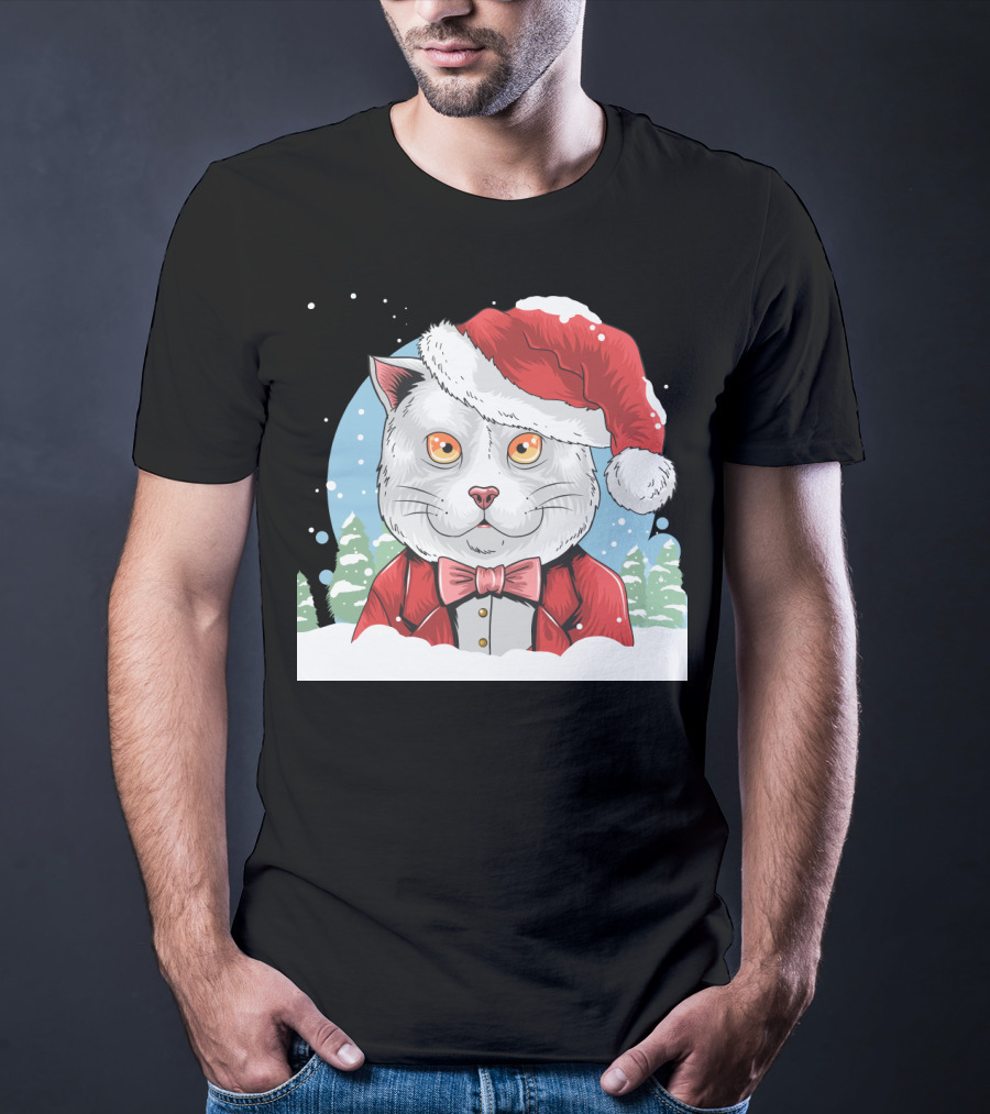 Santa Claus Cat In Winter Wonderland Christmas Scene T-Shirt