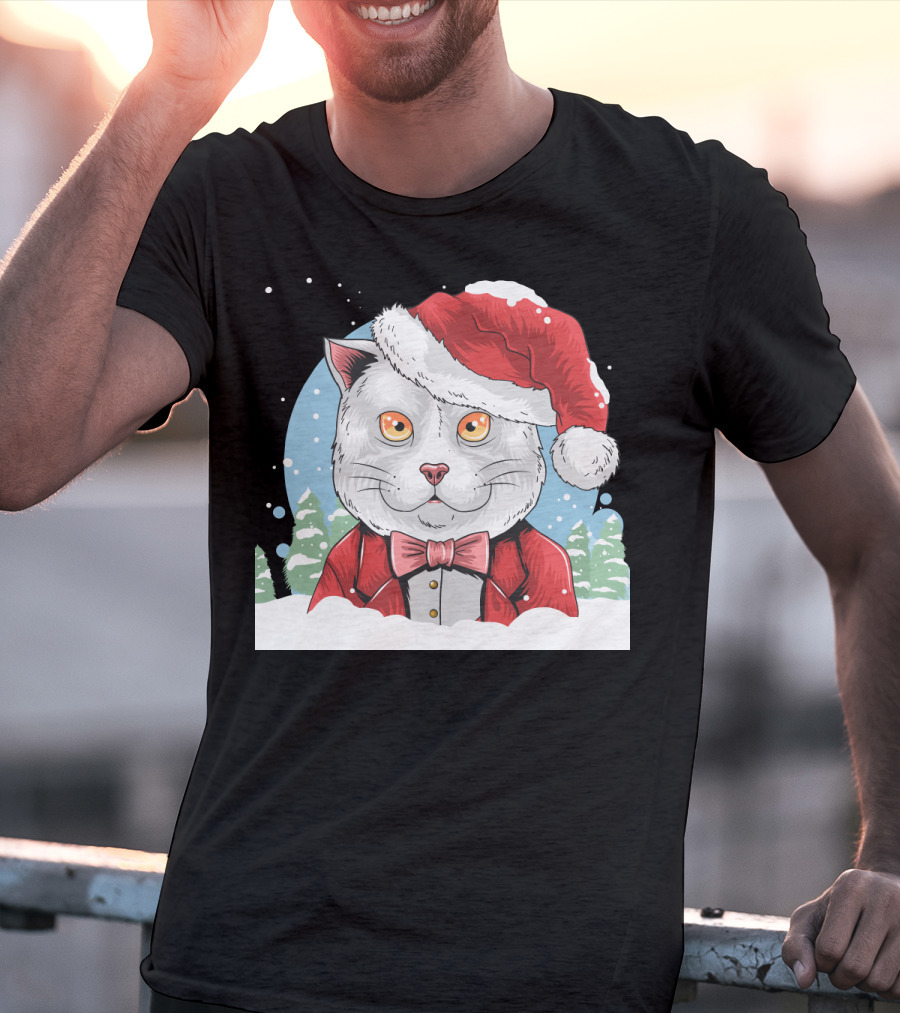 Santa Claus Cat In Winter Wonderland Christmas Scene T-Shirt